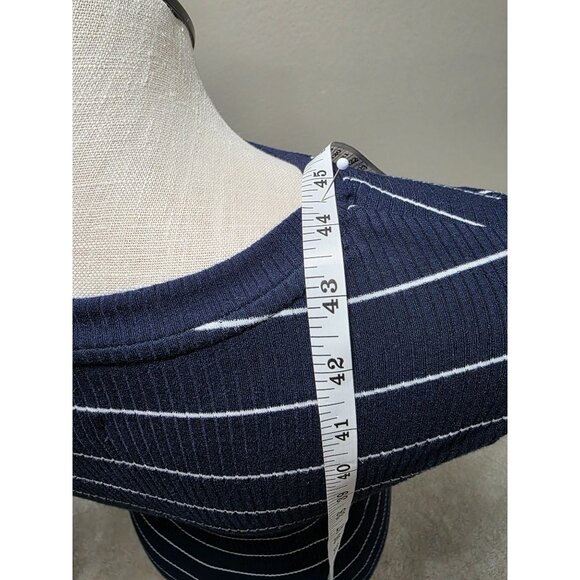 Navy & White Striped Fitted Ribbed Knit Dress With 3/4 Sleeves & Round Neckline - Picture 7 of 8